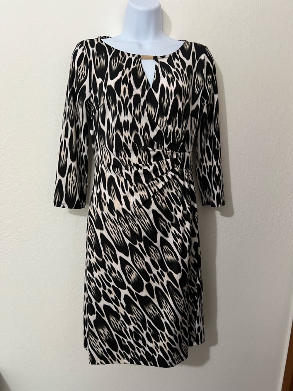 INC International Concepts Black and Cream Animal-Print Long Sleeve Wrap Dress